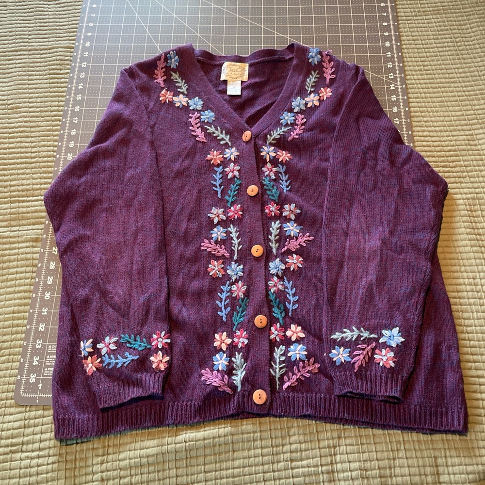 Vintage Elegant Purple Floral Embroidered Cardigan